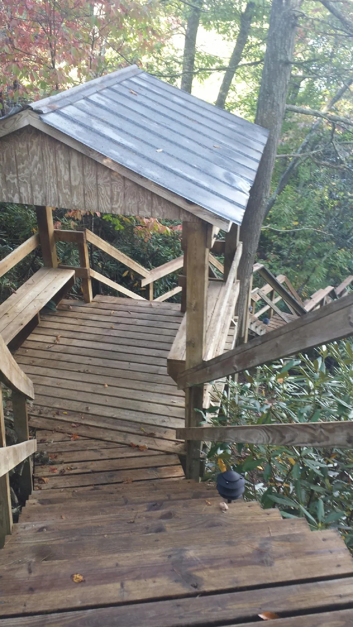Metal roofed shelter over wooden steps on a wooded walkway — Skylight Repair & Installation work by our crew in Hinesville